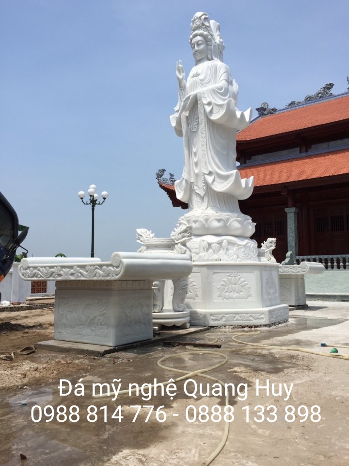 Tượng Phật Bà Quan Âm bằng đá trăng, bàn lễ đá trắng, tuong phat ba bang da trang